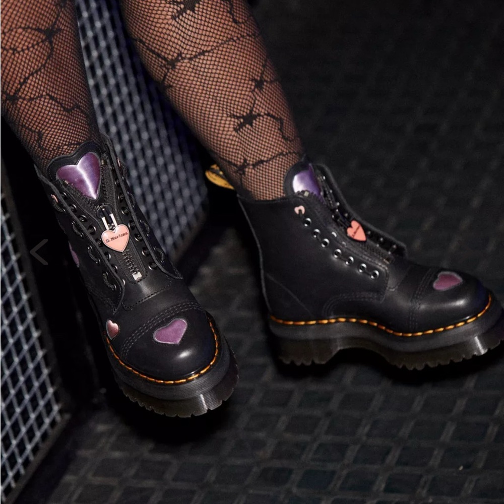 Dr. Martens Black Lace Up Boots with Pink and Purple Hearts - Picture 2 of 15